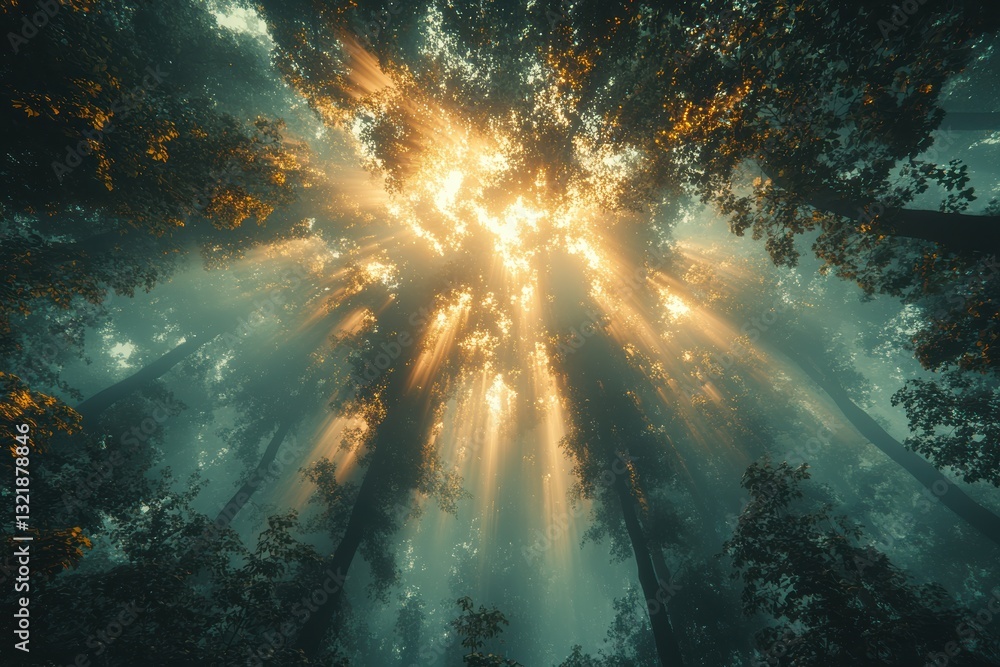 Poster A mesmerizing view of sunlight filtering through tall trees in a tranquil forest, creating an enchanting atmosphere filled with warmth.