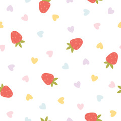 Blooming strawberry seamless vector pattern with berry and hearts in simple hand drawn cartoon kawaii style. Pastel palette, cute beige unisex background. Ideal for printing baby textiles