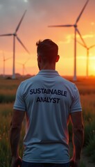 Naklejka premium Sustainable analyst overlooking a wind farm at sunset for renewable energy and ESG career concept