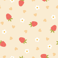 Blooming strawberry seamless vector pattern with berry, flowers and hearts in simple hand drawn cartoon kawaii style. Pastel palette, cute beige unisex background. Ideal for printing baby textiles.
