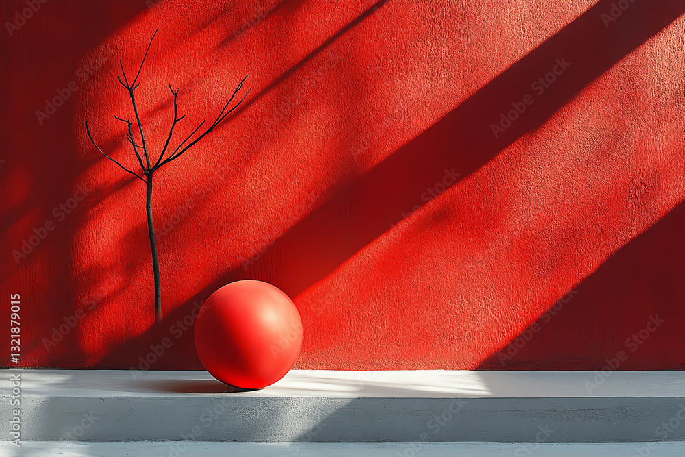 Poster A minimalist composition featuring a red wall, a shadowed branch, and a smooth red sphere, creating a striking interplay of color and form.