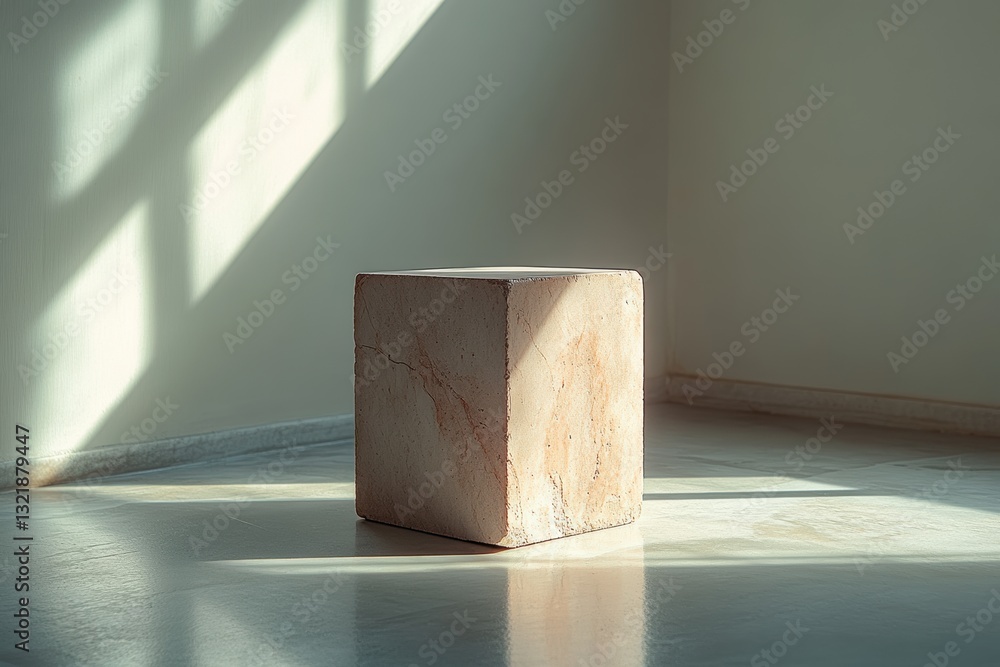 Fototapete a minimalist marble cube sits on a polished floor, softly illuminated by natural light, creating a t