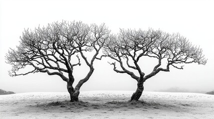 Two Leafless Trees in a Snowy Foggy Field
