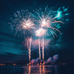 Spectacular fireworks display over a calm lake at night.