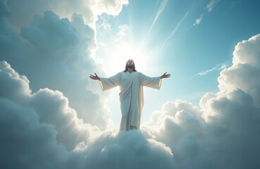 Jesus Christ rises to heaven in white robe. Religious illustration of risen savior on fluffy clouds in blue sky. Easter holiday. Faith, hope and love concept.