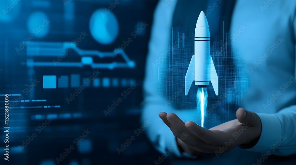 Poster rocket launch hologram floating in businessman's hand symbolizing startup growth and innovation