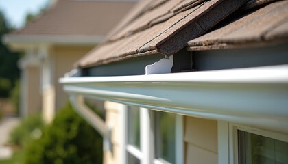 Close-up of white aluminum seamless gutters on residential house with new architectural shingles, modern home improvement, efficient water drainage solution. Gutter installation enhances water