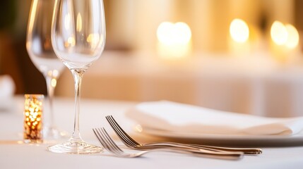 Elegant dining table setting with glasses, cutlery, and soft candlelight ambiance in background