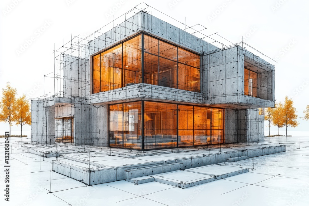 Poster a modern architectural design featuring a contemporary house with large glass windows and a unique s