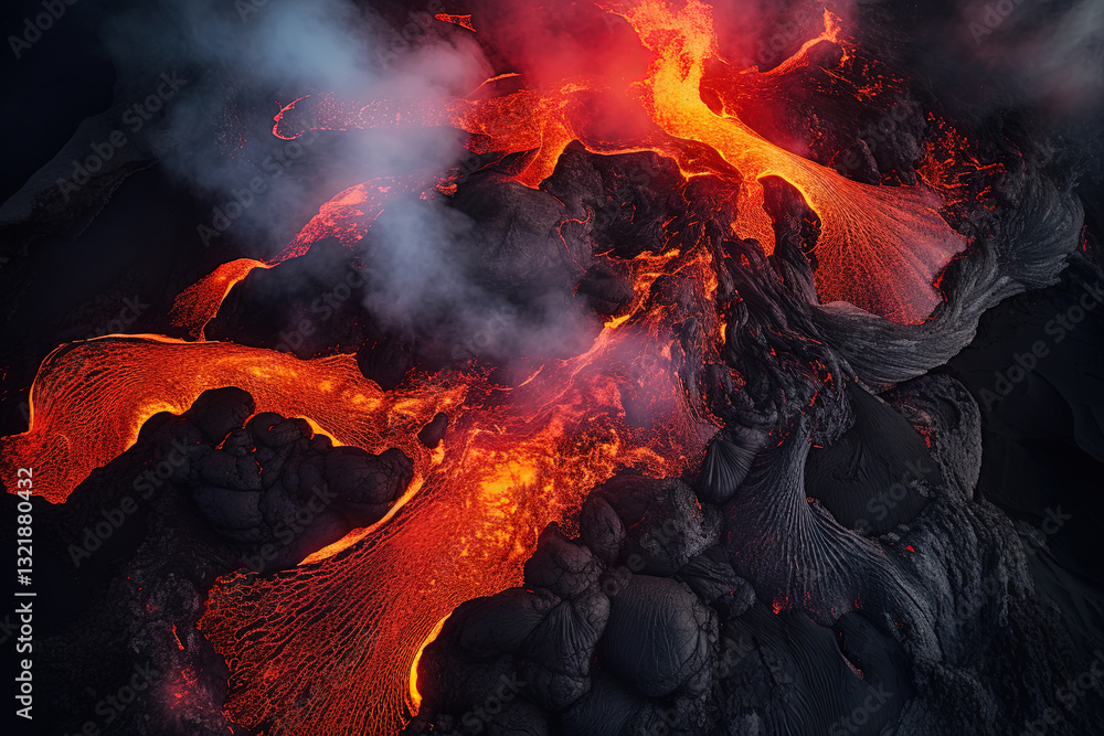 Sticker volcano eruption from a bird view. volcano crater and magma flow shot from above. genertated ai.