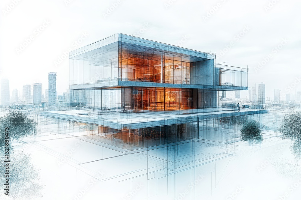 Poster A modern architectural design featuring a transparent and geometric structure, showcasing innovative use of space and light in a sophisticated urban setting.