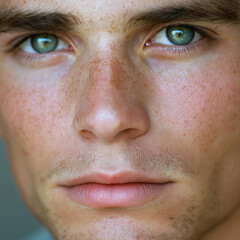 Fototapeta premium Close-up portrait of a young man with freckles and intense green eyes.