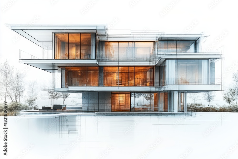 Poster a modern architectural design featuring sleek lines and large glass windows, showcasing a spacious, 