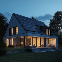 Modern, eco-friendly house at dusk. Solar panels on roof.
