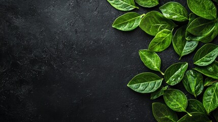 Close-up of green leaves on a dark textured background