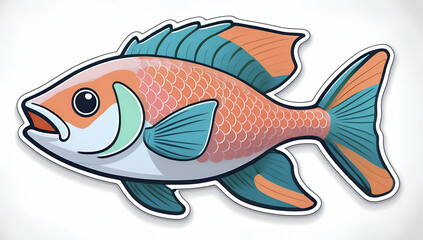 A Cheerful, Cartoonish Fish With Peachy-orange And Teal Fins Swims Playfully Across A Bright White Background, Showcasing A Charming And Vibrant Sticker Design