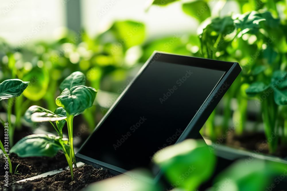 Poster sleek touchscreen control panel displays real-time soil moisture data and irrigation settings amidst