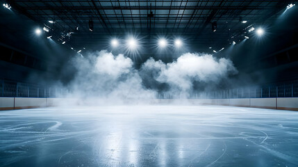 Fototapeta premium Dramatic Empty Ice Hockey Arena With Spotlights And Fog At Night Illuminating The Icy Surface In A Moody Atmosphere