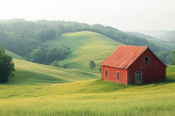 Obraz premium A picturesque rural scene with rolling green hills and a vibrant red barn, surrounded by nature's tranquility and soft morning light.
