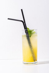 A tall glass holds a vibrant citrus drink, topped with fresh mint leaves for a refreshing look