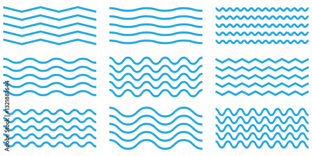 Poster wave line set. vector water waves. set of wavy zigzag lines.