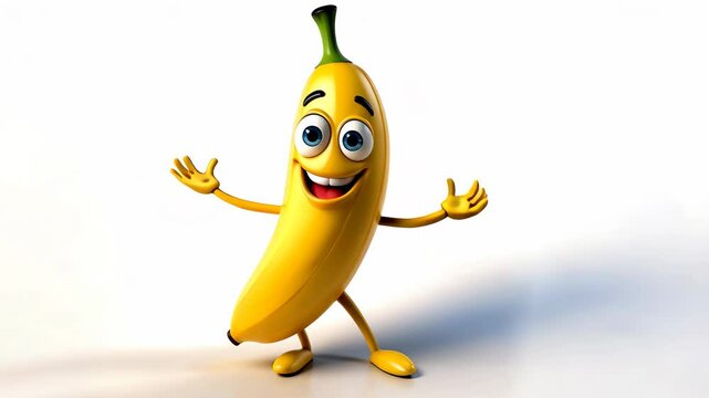 3D cheerful yellow banana with eyes as a funny cartoon on white background 4K