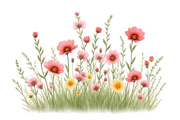Delicate Pink and Peach Flowers in a Field of Grass - Floral Illustration