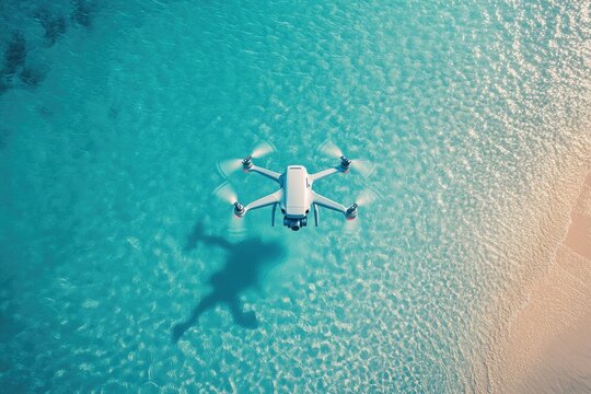 Drone flying over turquoise water near a sandy beach, capturing aerial views.