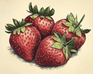 Four ripe strawberries, close-up, vintage style illustration, food blog