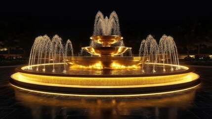 A tiered golden fountain is illuminated by soft ambient lighting at night