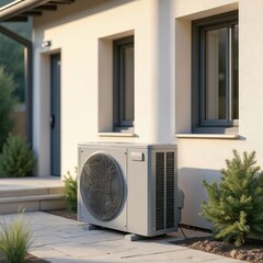 Modern air source heat pump installed next to house provides eco-friendly home heating. Residential renewable energy, efficiency external tech, climate control. Sustainable domestic appliance reduces