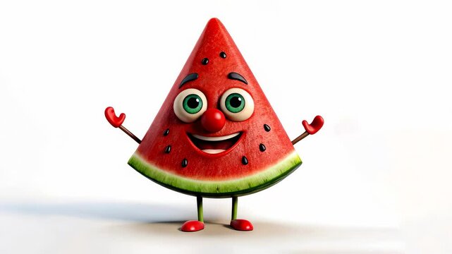 3D cute watermelon slice cartoon character with arms and legs smiling 4K