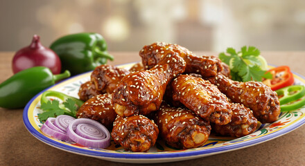 Spicy glazed chicken wings with jalapenos and onions