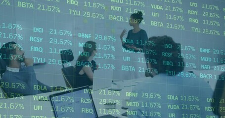 In conference room, diverse team discussing stock market data with animation overlay - Powered by Adobe