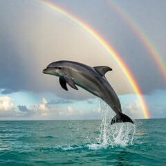 dolphin leaping under double rainbow