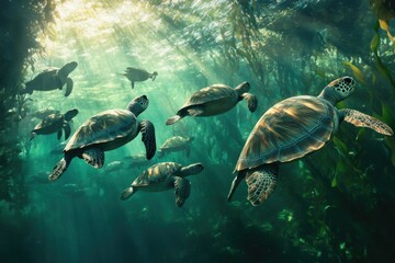 Fototapeta premium A school of sea turtles gracefully swims through a sunlit kelp forest, showcasing vibrant marine life.