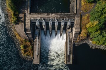Aerial view of a hydroelectric dam releasing water, showcasing powerful energy generation.