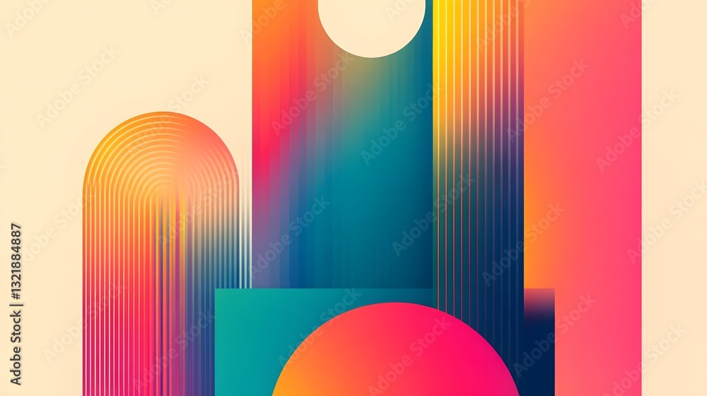 Poster retro-modern colorful layered shapes with intricate linework conceptual poster