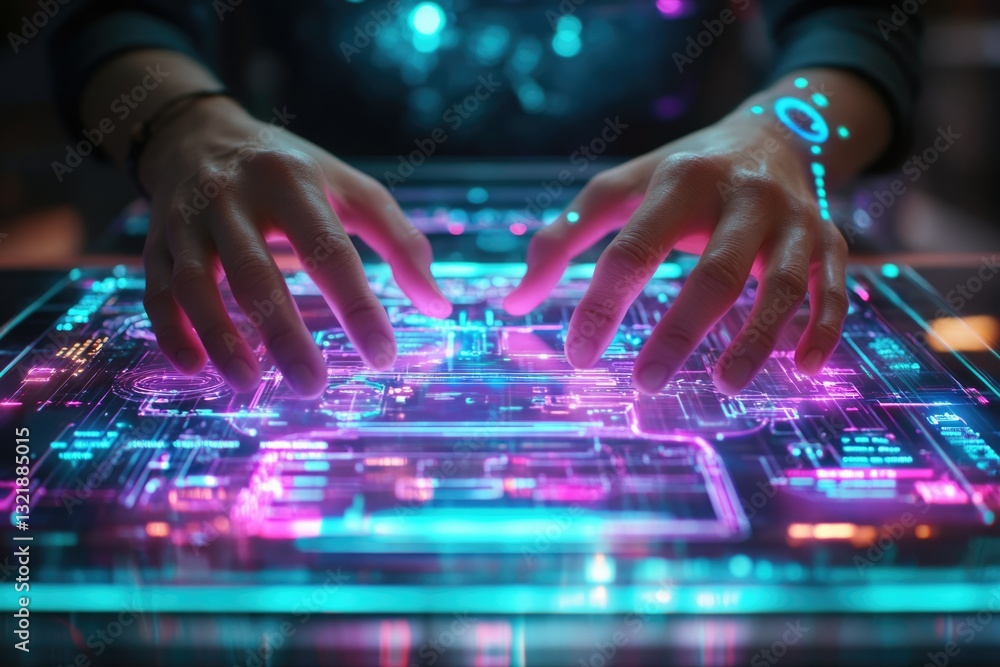 Poster hands interacting with a futuristic holographic interface displaying vibrant neon circuits.