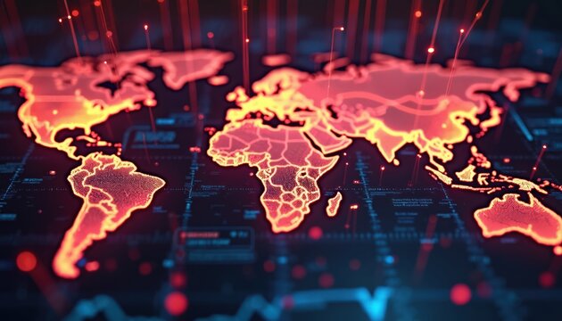 Global economy events impact world map. Stock prices fluctuate due to trade wars, pandemics. Investment indicator, financial concept, mathematic datum, scientific light pattern. Prediction, - Powered by Adobe