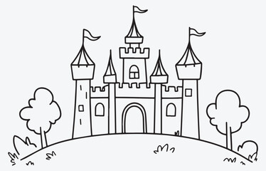 Fototapeta premium A hand-drawn Minimalist Outline of a Castle with Towers and Flags, Perfect for Fantasy and Historical-Themed Illustrations, a drawing of no color, children coloring books and illustrations, Vector EPS