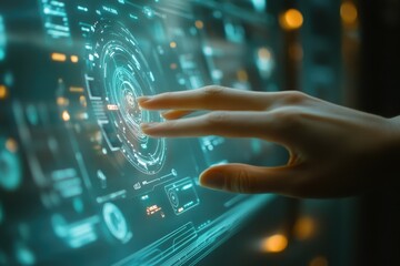 A hand interacts with a futuristic, holographic interface displaying complex data visualizations and controls.