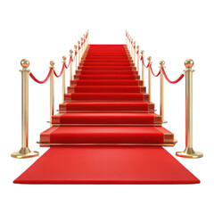 Red carpet stairs leading to glamorous event with golden barriers and ropes, perfect for Hollywood premiere