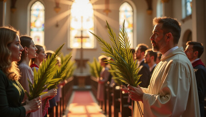 Palm Sunday Service with Congregation and Stained Glass
