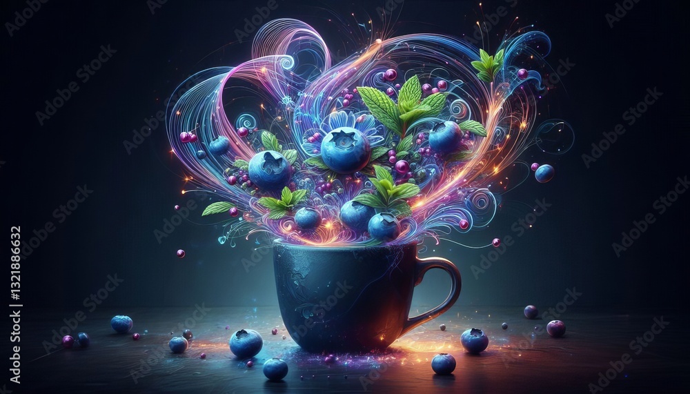Poster a 3d, 4k image of blueberries and mint leaves exploding from a cup, surrounded by swirling, glowing 