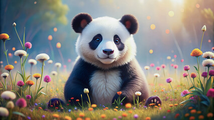 A charming baby panda sits amidst a vibrant meadow of colorful flowers.Gentle sunlight bathes a panda cub surrounded by a profusion of wildflowers.