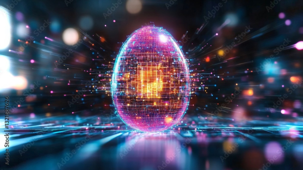 Poster digital egg design showcasing vibrant colors and pulsating lights in a futuristic setting