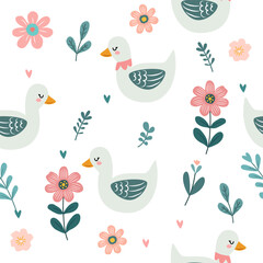 Seamless pattern of duck and flowers in a cute vintage style.