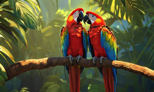 Tropical macaws display affectionate behavior among lush jungle foliage