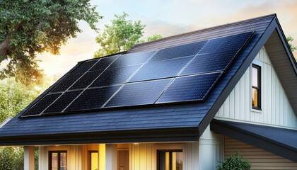 Solar panels are prominently installed on the roof of a typical suburban house, capturing sunlight at sunset. The warm glow enhances the structures and surrounding trees